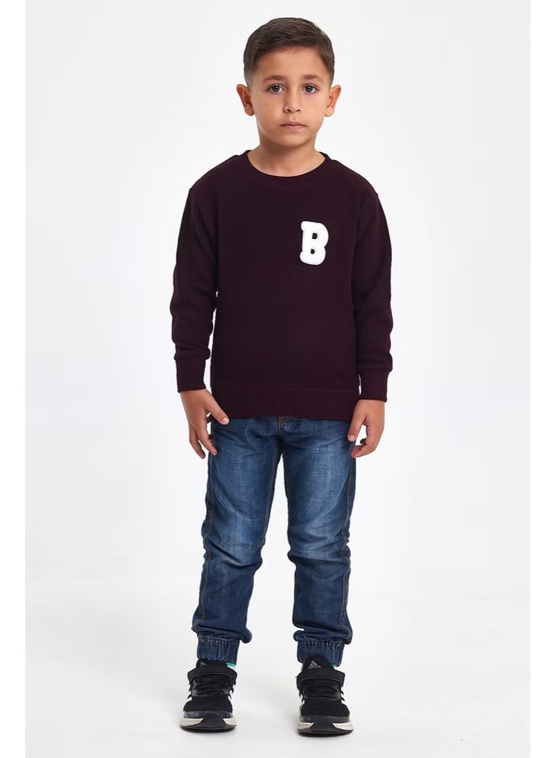 Mrs & Kids 3D Embroidered Plum Wool and Cotton Winter Crew Neck Children's Men's Sweatshirt - Image 2